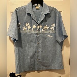 VTG “Island Feeling” Men's M Blue Button Front Shirt Tiki Beach Pocket Cotton